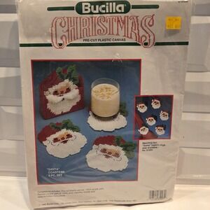 Vintage Christmas Bucilla Plastic Canvas Kit 61003 SANTA FACE COASTERS & HOLDER